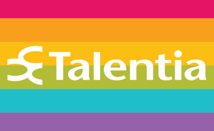 Talentian nimi ja logo sateenkarivärien päällä.
