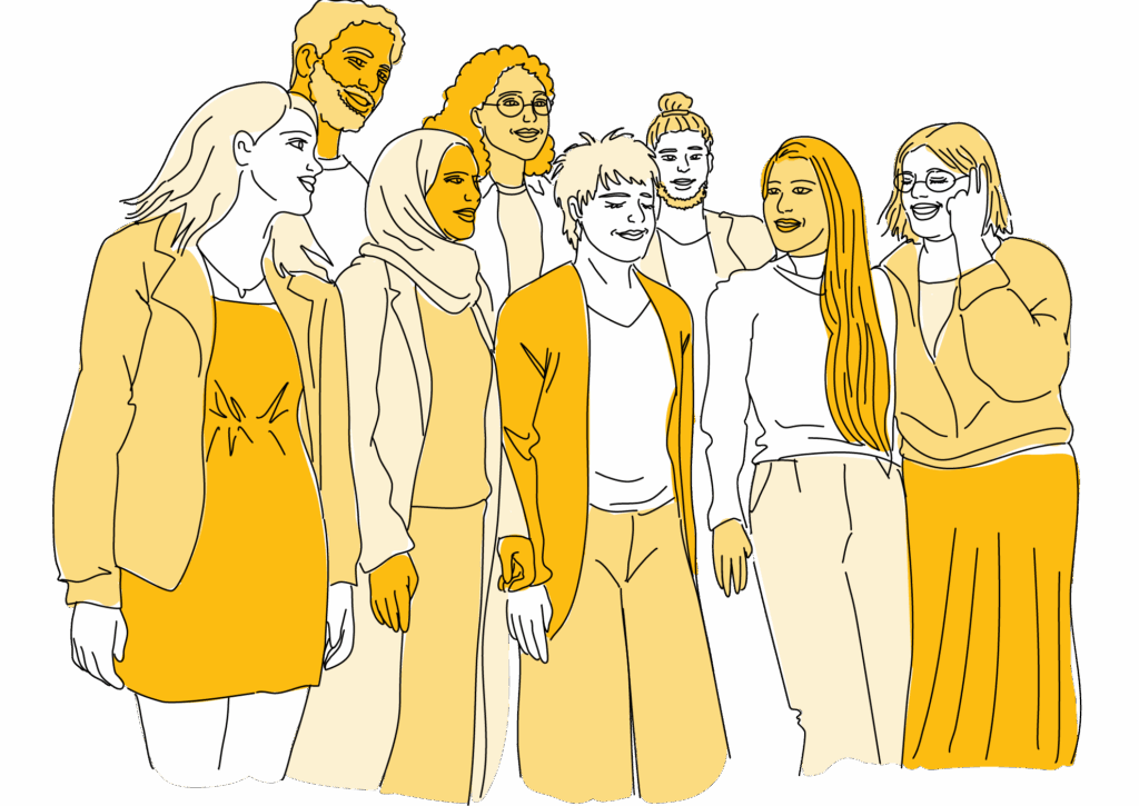 Kahdeksan piirrettyä talentialaista seisoo joukkona.