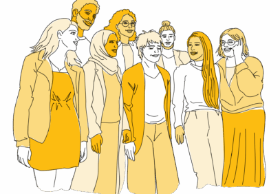 Kahdeksan piirrettyä talentialaista seisoo joukkona.