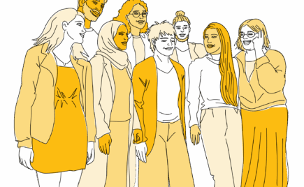 Kahdeksan piirrettyä talentialaista seisoo joukkona.