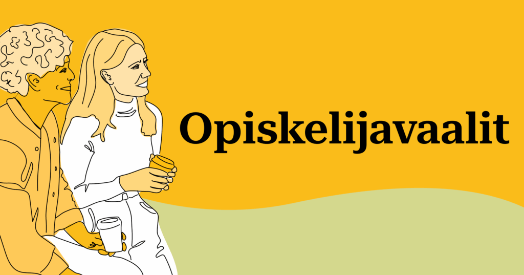 Kuvassa kaksi piirrettyä henkilöä ja teksti Opiskelijavaalit.