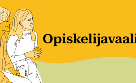 Kuvassa kaksi piirrettyä henkilöä ja teksti Opiskelijavaalit.