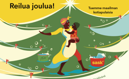 joulukortti, jossa kuvituksena tummaihoinen nainen ja lapsi joulukuusen edessä