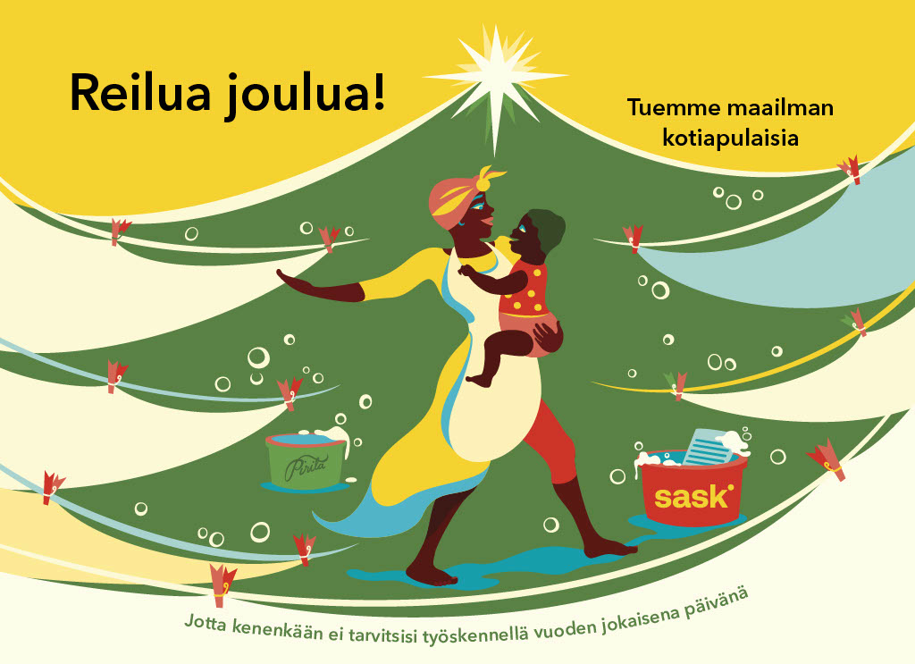 joulukortti, jossa kuvituksena tummaihoinen nainen ja lapsi joulukuusen edessä