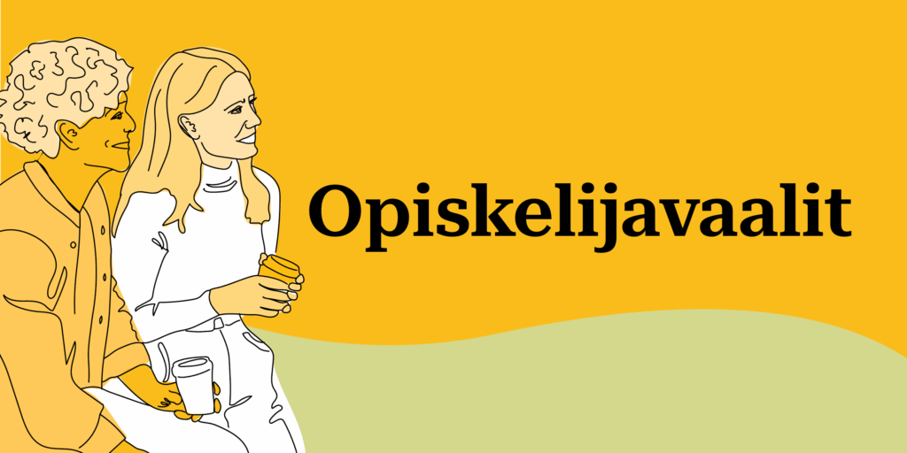Talentian opiskelijavaalien kuva, jossa kaksi ihmistä piirroshahmona ja teksti "opiskelijavaalit"