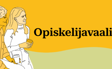 Talentian opiskelijavaalien kuva, jossa kaksi ihmistä piirroshahmona ja teksti "opiskelijavaalit"