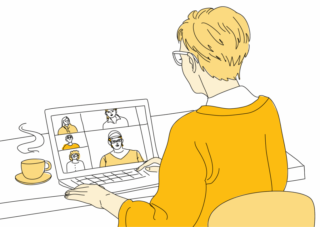 Piirroshahmo istuu tietokoneen äärellä etäkokouksessa. Tietokoneen ruudulla näkyy neljä muuta ihmistä.