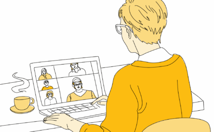 Piirroshahmo istuu tietokoneen äärellä etäkokouksessa. Tietokoneen ruudulla näkyy neljä muuta ihmistä.