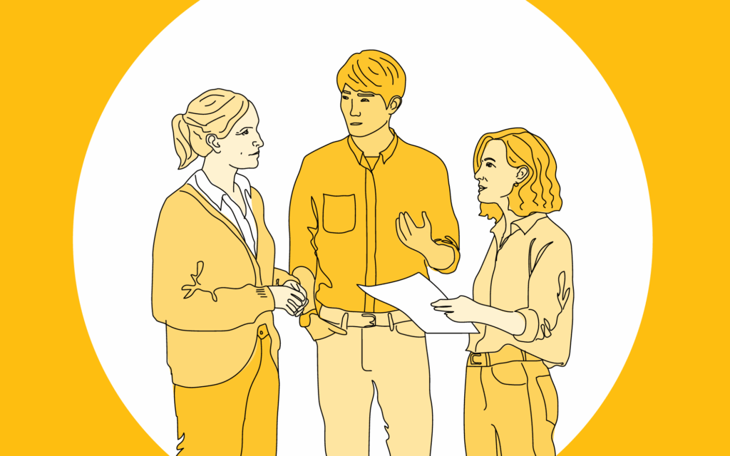 Kolme Talentian piirroshahmoa seisoo ja keskustelee.