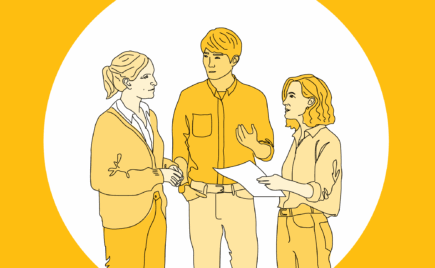 Kolme Talentian piirroshahmoa seisoo ja keskustelee.