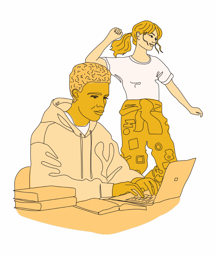 Kuvassa kaksi piirrettyä opiskelijaa, joista toinen istuu tietokoneen äärellä ja toinen seisoo taustalla.