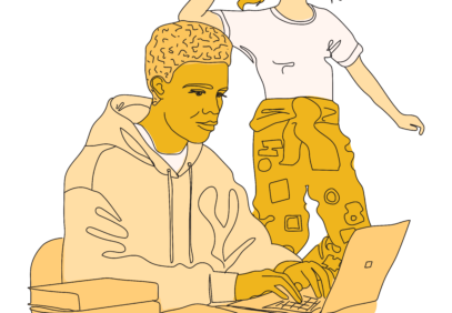 kuvassa kaksi piirroshahmoa, jotka esittävät Talentian opiskelijajäseniä. Toinen istuu tietokoneella ja toisella on opiskelijahaalarit.