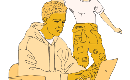 kuvassa kaksi piirroshahmoa, jotka esittävät Talentian opiskelijajäseniä. Toinen istuu tietokoneella ja toisella on opiskelijahaalarit.