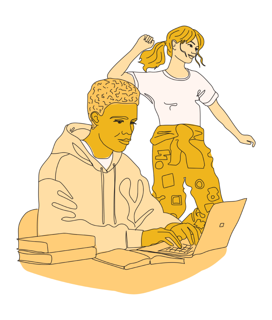 kuvassa kaksi piirroshahmoa, jotka esittävät Talentian opiskelijajäseniä. Toinen istuu tietokoneella ja toisella on opiskelijahaalarit.