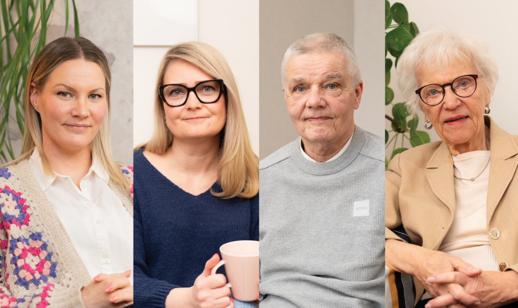 Kuvassa neljän henkilön kuvat vierekkäin, vasemmalta alkaen kuvassa nainen, nainen, mies ja nainen.