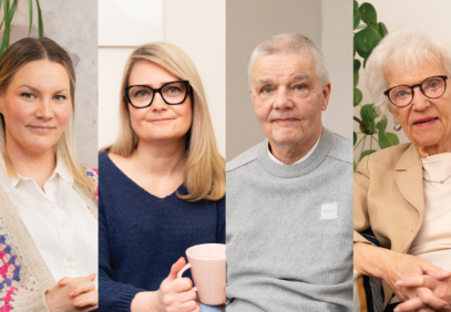 Kuvassa neljän henkilön kuvat vierekkäin, vasemmalta alkaen kuvassa nainen, nainen, mies ja nainen.