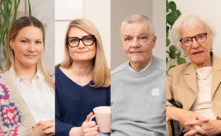Kuvassa neljän henkilön kuvat vierekkäin, vasemmalta alkaen kuvassa nainen, nainen, mies ja nainen.