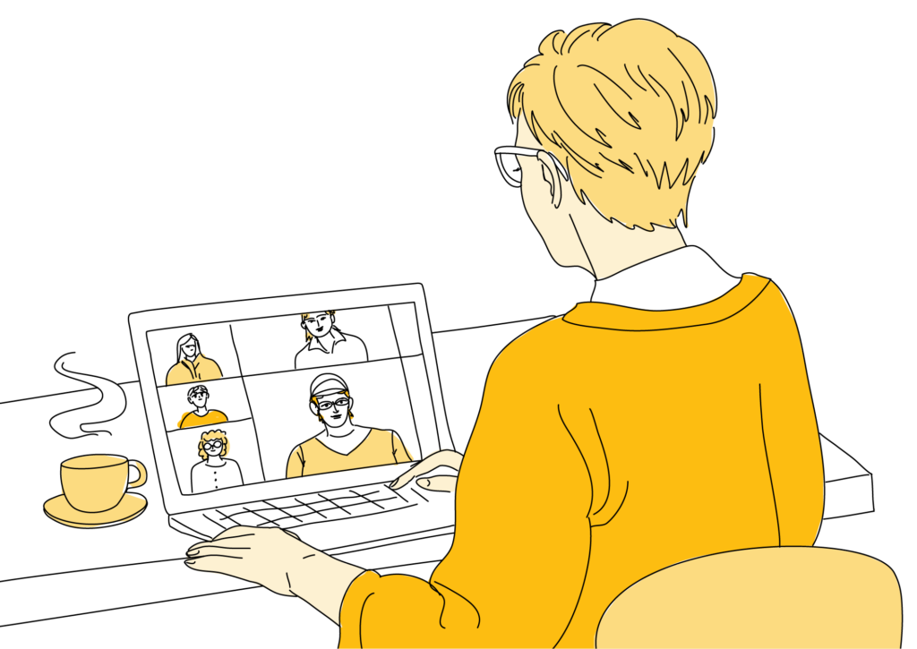 Kuvassa piirroshahmo istuu työpöydän ääressä ja pöydällä on kannettava tietokone ja kahvikuppi. Tietokoneen näytöllä näkyy neljä webinaariosallistujaa.