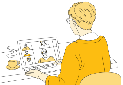 Kuvassa piirroshahmo istuu työpöydän ääressä ja pöydällä on kannettava tietokone ja kahvikuppi. Tietokoneen näytöllä näkyy neljä webinaariosallistujaa.