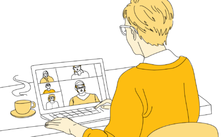 Kuvassa piirroshahmo istuu työpöydän ääressä ja pöydällä on kannettava tietokone ja kahvikuppi. Tietokoneen näytöllä näkyy neljä webinaariosallistujaa.