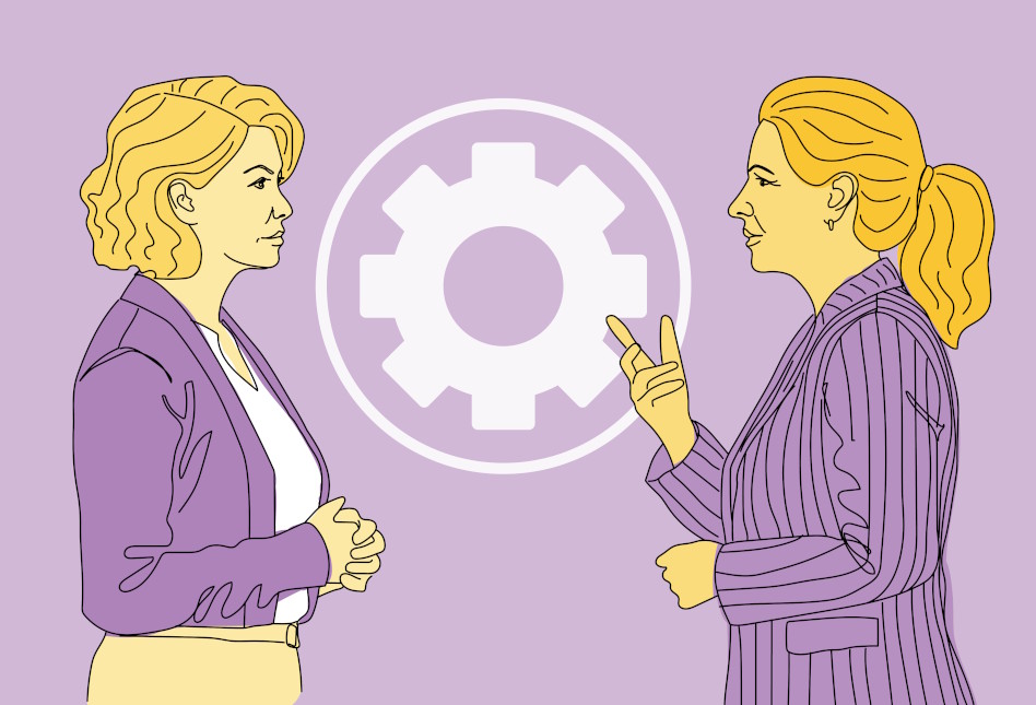 Piirroskuva kahdesta hahmosta vastakkain, pyörä ratas välissä