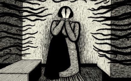 piirroskuva ihmishahmosta istumassa nurkassa kädet silmien edessä