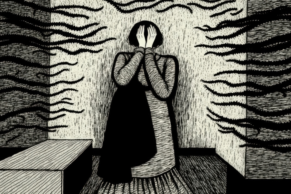 piirroskuva ihmishahmosta istumassa nurkassa kädet silmien edessä