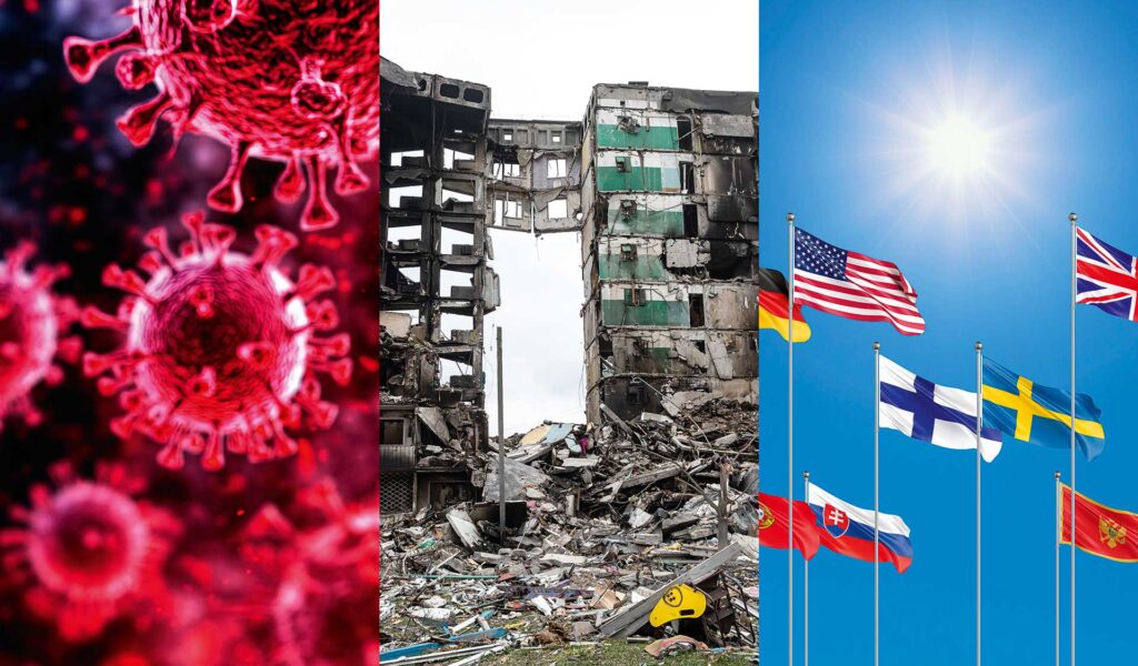 Kolme kuvaa vierekkäin: tuhoutunut rakennus, virus ja maailman lippuja
