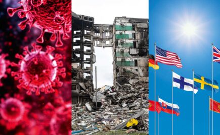 Kolme kuvaa vierekkäin: tuhoutunut rakennus, virus ja maailman lippuja